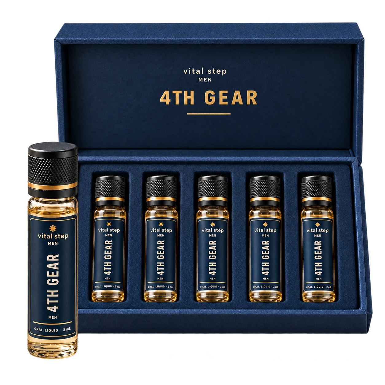 Illustrative navy 4th Gear presentation box and oral-liquid vials