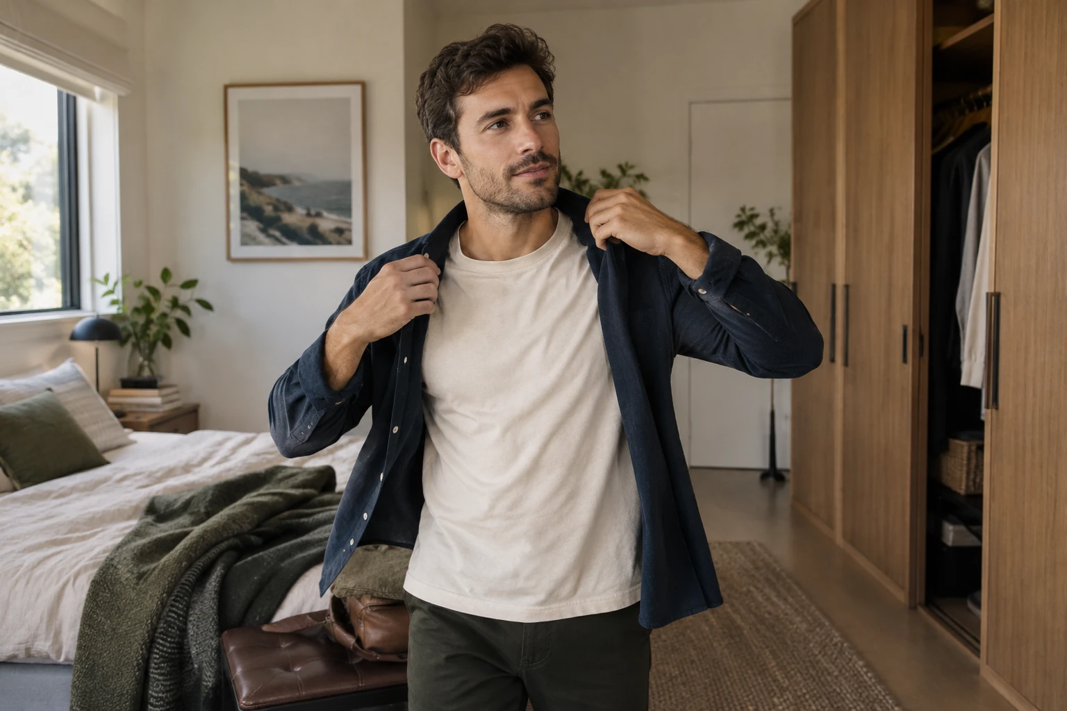 Illustrative scene of a man getting ready at home