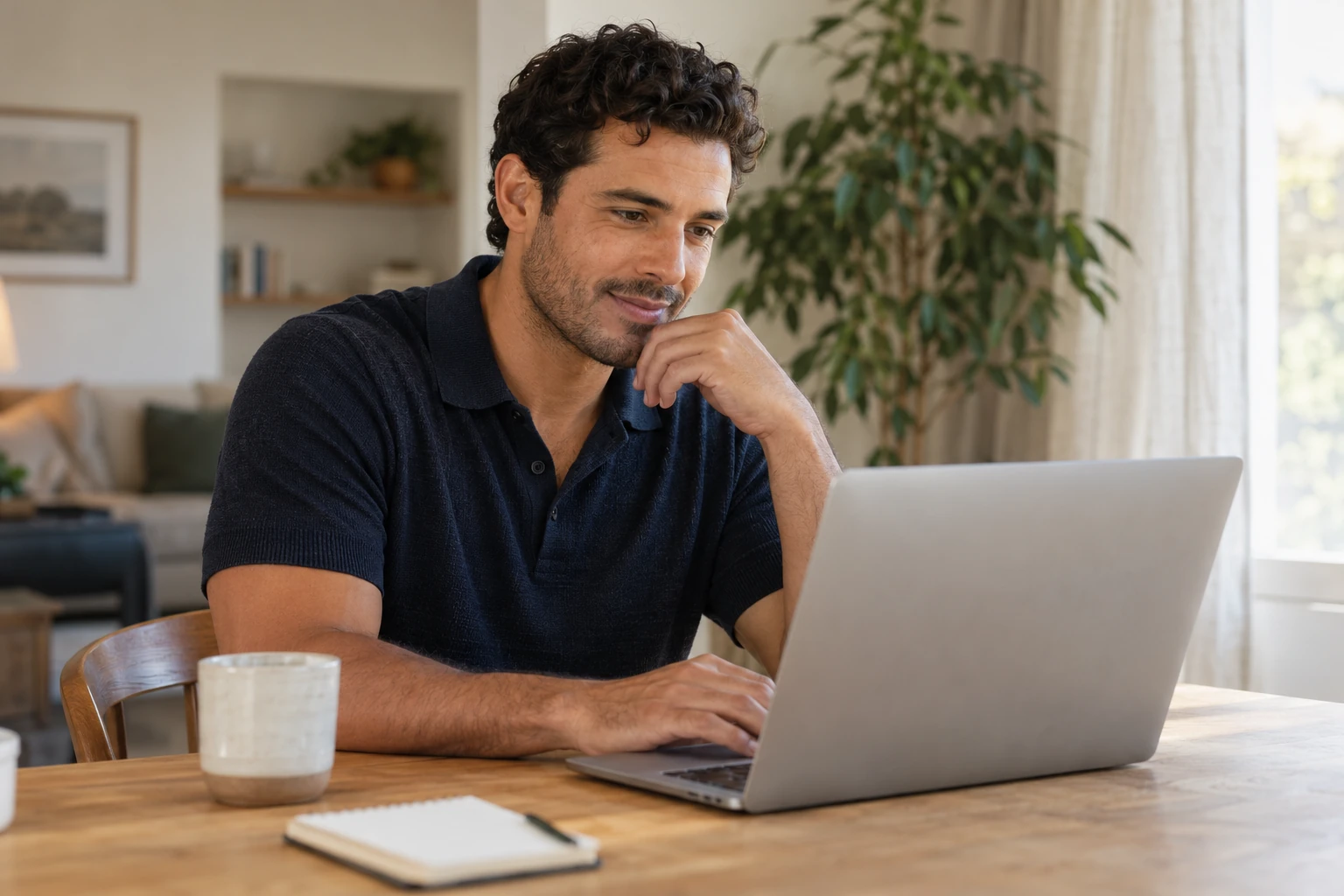 Illustrative scene of a man using a laptop for online care at home
